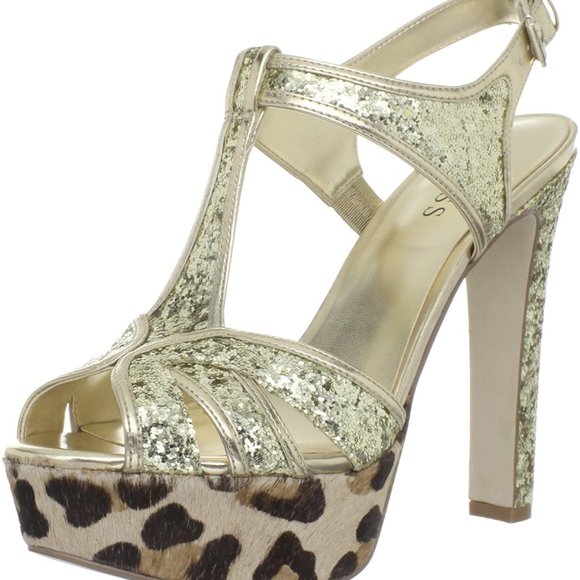 New Guess gold sequin INDRINA haircalf platform t strap sandals heels 6.5 - Picture 1 of 13